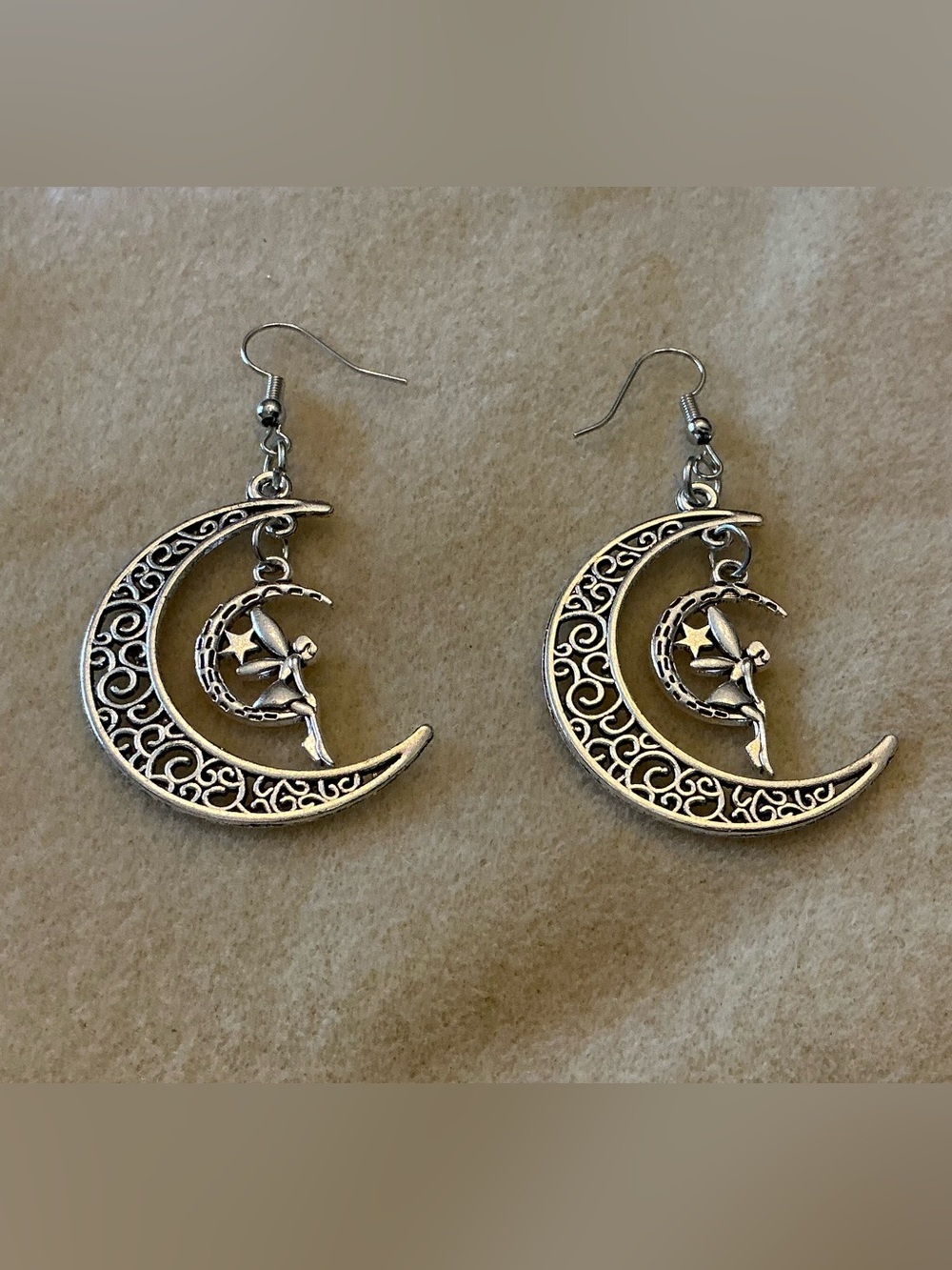 Silver-Tone Fairy on Filigree Crescent Moon Earrings